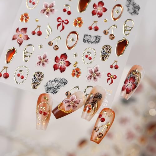 Image of Flower Nail Stickers for Nail Art Cherry Nail Decals Red Nail Art Stickers | 5D Self Adhesive Leopard Nail Stickers Lace Bow Gold Frame Design Nail Decal for Women Manicure DIY Decor Accessories 1 Sheet