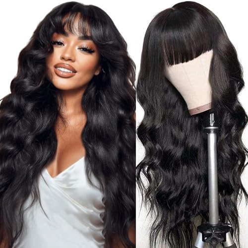 Junemet 18 Pouces Perruque Cheveux Humain Frange 2x4 Lace Perruque Sans Colle Cheveux Humain Glueless Frange femme Naturelle Brésilien Body Wave Lace Wig...