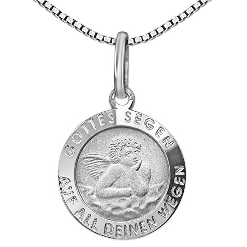 CLEVER SCHMUCK Taufkettchen Kinder Anhänger Engel Ø 12 mm Gottes Segen Rückseite Zur heiligen Taufe & Kette Venezia 36 cm 925 Sterling Silber im Taufe Etui weiss