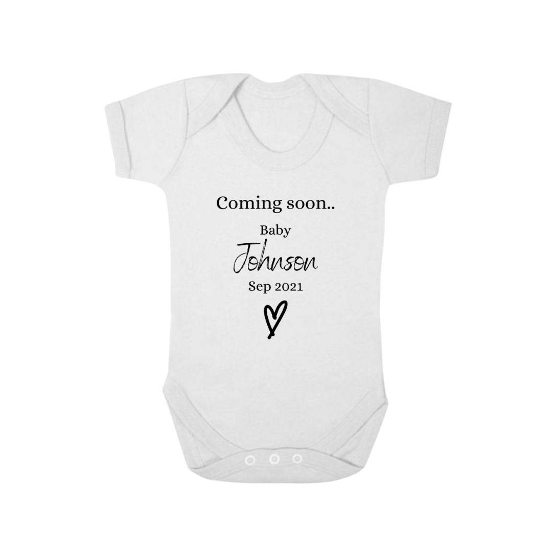 Second Ave Cute Personalised Baby Grow Coming Soon Pregnancy Announcement Babygrow Vest White Shortsleeve Bodysuit Gift