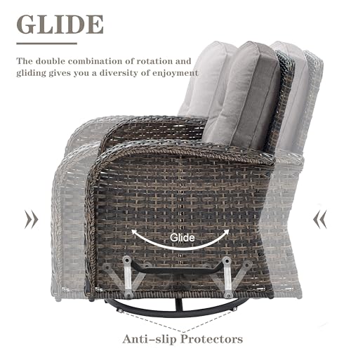 Belord Patio Furniture Swivel Glider PE Wicker Chairs, Outdoor Swivel Rocker Seating with Cushions for Porch Deck Balcony, Brown/Gray - Thumbnail 3
