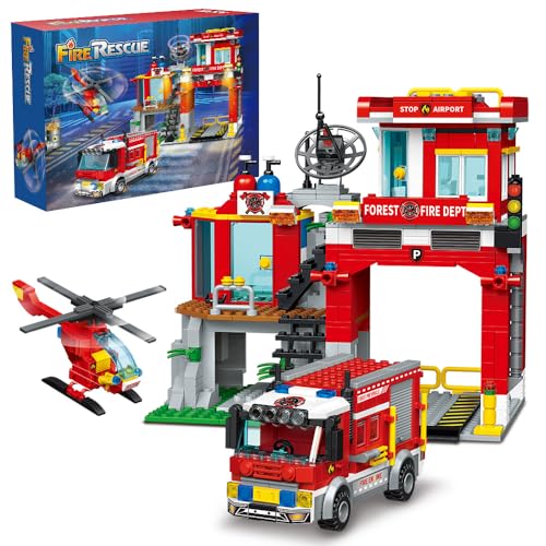 MindBox City Fire Rescue Building Set with Fire Station, Truck & Helicopter,772pcs Toy for Boys 8+