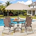 Shintenchi 6 Piece Patio Dining Set with Umbrella, Outdoor Furniture Set with 4 Folding Chairs and Tempered Glass Top Dining Table fot Lawn Backyard Garden Porch Brown and Beige