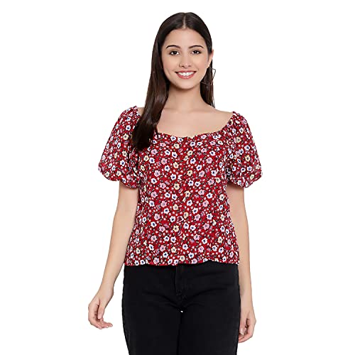 Image of FNOCKS Women Button Closure Short Sleeves Floral Printed Tops /Georgette Fabric