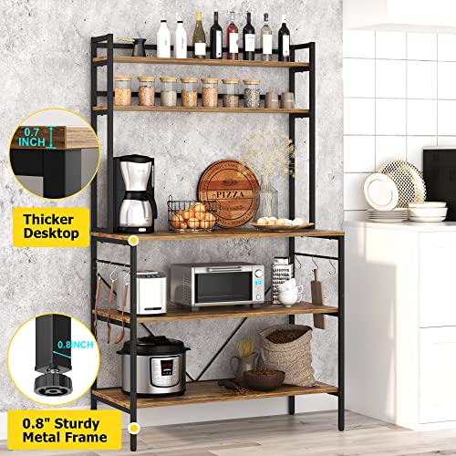 5-Tier Kitchen Bakers Rack With Hutch Adjustable Shelves, Stable Kitchen Storage Shelves Organizer Microwave Oven Stand Coffee Bar Table Station With 6 S-Hooks, Easy To Assemble, Rustic Brown #TOP1