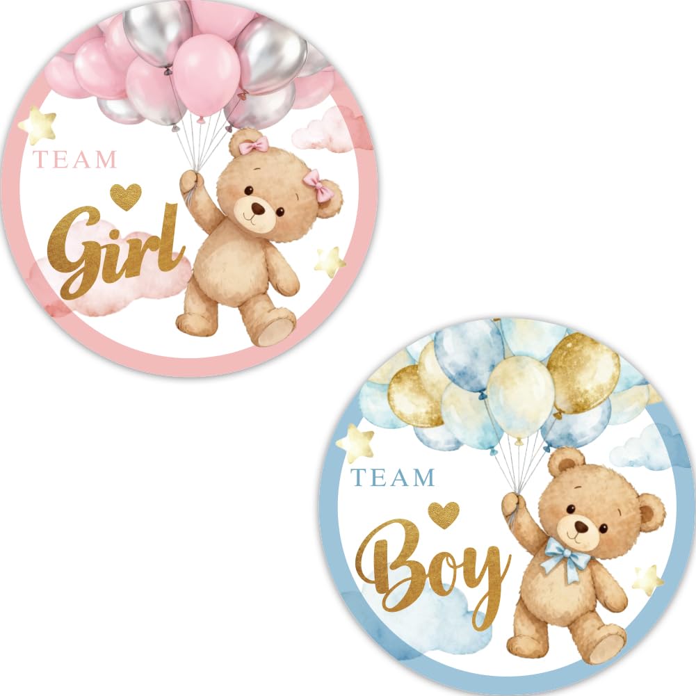PRESSINART 100Pcs Pink and Blue Bear Stickers Gender Reveal Labels 2 Inch Round Self Adhesive Paper Party Voting Supplies Event Envelope Seals, Team Boy or Girl Stickers Gift Packaging Scrapbook Use