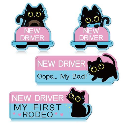 Image of Student Driver Sticker Magnet for Car - Cosmisun 4 Pcs Black Cat New Driver Car Magnets Cartoon Animal Reflective Magnetic Bumper Stickers Decal Keep Distance Safety Sign for Teens New Driver Learner
