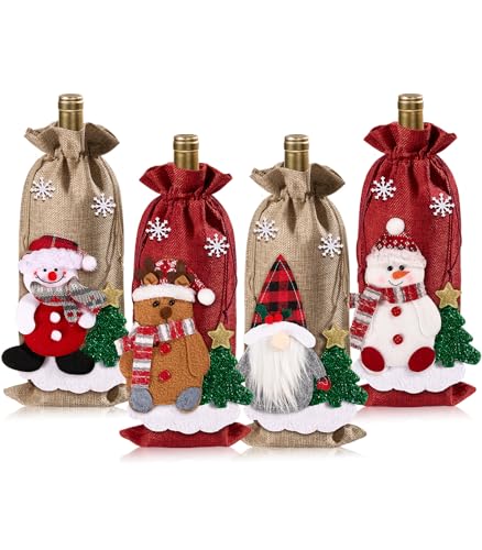 Swooflia Christmas Wine Gift Bags - 4 Pcs Burlap Wine Bottle Bag with 3D Dolls Reusable Xmas Bottle Cloth Wrapping Sleeves with Drawstring Cute Holiday Party Decoration