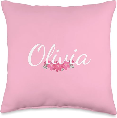 Personalizado Olivia regalos y diseños para niñas personalizado Olivia regalo personalizado nombre flores rosa tiro almohada, 16x16, multicolor