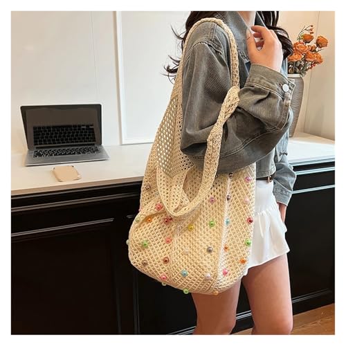 Women Knitting Shoulder Bag with Colored Beads Crochet Bag Large Capacity Beach Tote Bag Ladies Daily Handbag Straw Tote Bag2