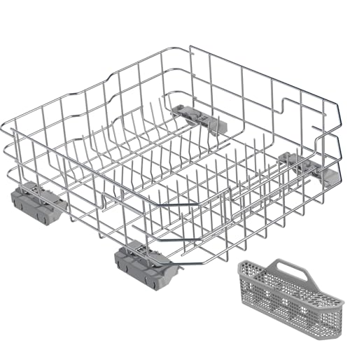 UPGRADED 304 Stainless Steel WD28X26099 WD28X24396 Dishwasher Lower Rack Replacement Compatible with GE Dishwasher Rack Parts with WD28X27241 Wheel & WD28X10128 Universal Dishwasher Silverware Basket