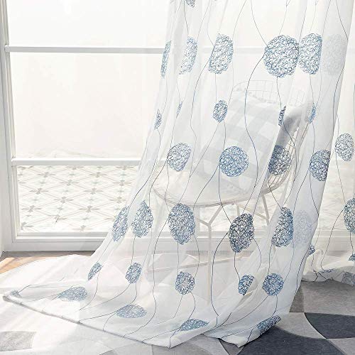 MIULEE Embroidery Sheer Curtains Flora Design Grommet Window Curtain Semi Voile Drapes Panels with Eyelets Window Treatments for Living Room Bedroom 2 Panels 55" W x 69" L Navy - Image 4