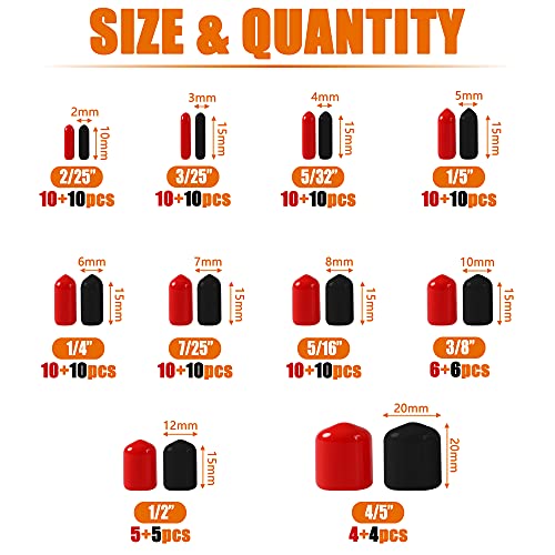 Image of ISPINNER 170pcs Rubber End Caps Assortment Kit, Flexible Bolt Screw Thread Protector Safety Cover in 10 Sizes from 2 /25 inch to 4 /5 inch, Black and Red
