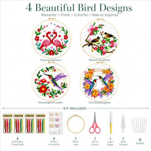 Image of Zhenqing Cross Stitch Kit for Beginners 4 Pack Bird Floral Embroidery Kit 11CT Stamped Aida Cloth DIY Pre Printed Cross Stitch Kits with Hoop Needle Thread Home Wall Decor Craft Gift Set