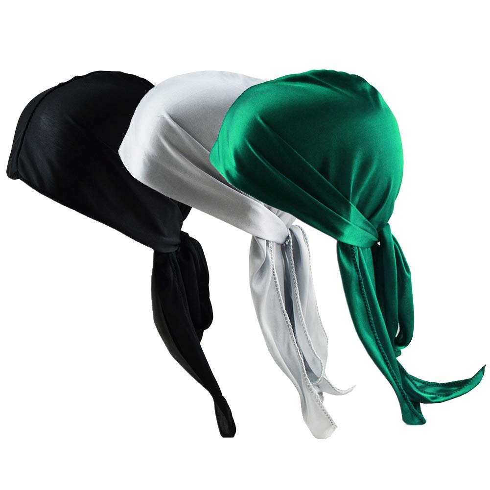ShengYaJu 3Packs Spandex Durag Men Women Unisex Durags Waves Headwrap Headscarf Caps Long Tail Hiphop Beanie Hat