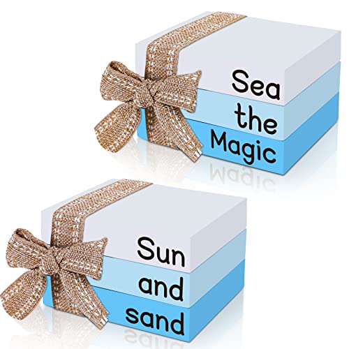Whaline Summer Tiered Tray Decorations Mini Wooden Books Stack with Ribbon 2Pcs Blue White Sea Theme Wood Book Sea The Magic Sun and Sand Prints Fake Book Tabletop Centerpieces for Home Entryway Decor