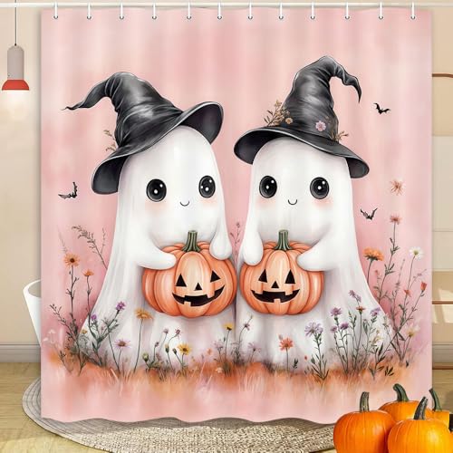 Image of Boziqr Halloween Shower Curtains for Bathroom, Cute Funny Ghost Bathroom Curtain, Fall Autumn Pumpkin Spooky Shower Curtain with Hooks Set 70x70 Inch