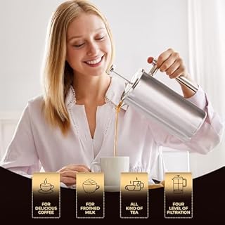 KICHLY French Press Coffee Maker, 1 Litre (8 Cups) Double Wall Stainless Steel Cafetiere, Silver – Insulated Coffee Press (Pack of 1)