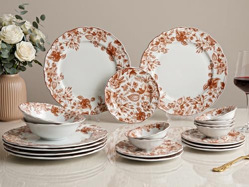 Image of Bodhi House Porcelain Dinner Set 20 Pieces - Brown Leaf White Dinnerware Set | 6 Dinner Plates, 6 Quarter Plates, 6 Katori Bowls, 2 Serving Bowls | Premium Crockery Set for Dining, Kitchen & Gifting