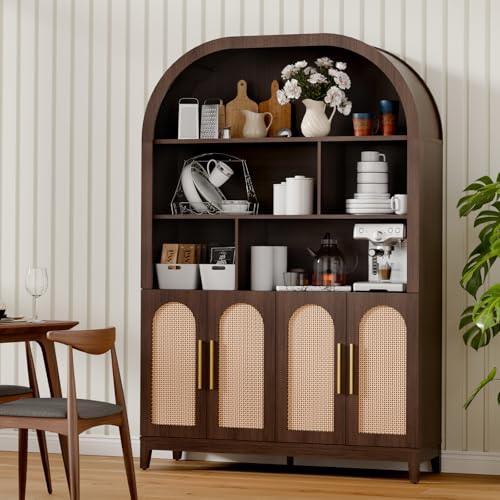 Image of 71 inch Tall Wide Arched Storage Cabinet, 5-Tier Rattan-Door Bookcase with Divider Shelf & Gold Pull Handles, Wood Versatile Pantry Organizer for Living Room /Kitchen /Office, Walnut