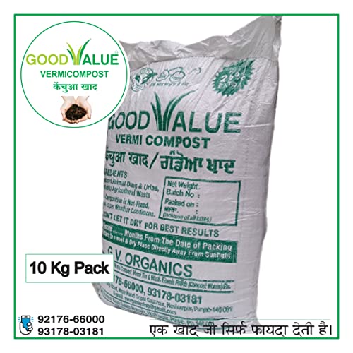 Good Value Vermicompost 'Natural Bio Manure' Balanced & Exceptionally Rich in Nutrients for Any Type of Plants, Trees & Crops - 10 kg (8 kg + 2 kg) pack of 1 8