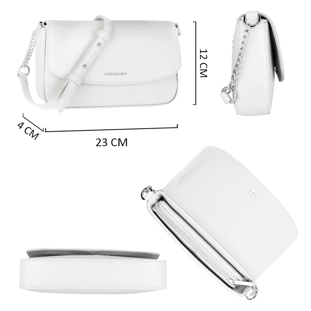 David Jones - Bolso Bandolera Mujer - Bolso de Mano Hombro Pequeño Cadena - Mensajero Cruzado PU Piel Cuero - Crossbody Bag Embrague Billetera Tarjeta Teléfono - Noche Shopping Ciudad - Blanco