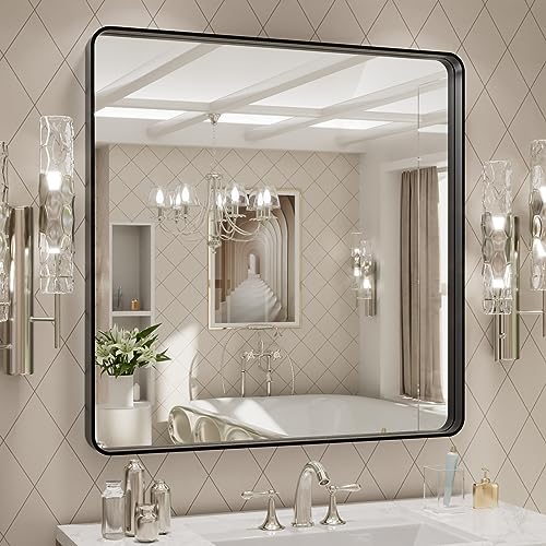 LOAAO 30x30 Inch Black Metal Framed Bathroom Mirror for Wall, Matte Black Bathroom Vanity Mirror Farmhouse, Large Rounded Rectangle Mirror, Anti-Rust, Hangs Horizontally or Vertically