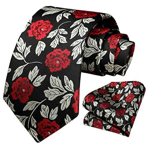 Image of HISDERN Men Floral Ties Woven Classic 3.4 inch Necktie Set Formal Tie Pocket Square for Wedding with Handkerchief Gift Box