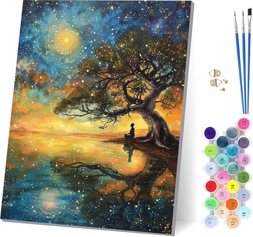 Pintar por Numeros Adultos Cielo Estrellado, Pintar por Numeros Sunset, DIY Paint by Numbers Adult Kit con Pinceles, Paint by Numbers Para Cuadros Decoracion Salon Modernos Regalo 60x80cm Q-6834