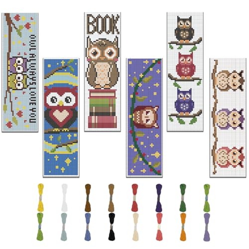 Image of FREEBLOSS 6 Set Bookmark Cross Stitch Kits with Instructions Owl Pattern Punch Needle Kit for Beginners Bookmark Making Kit for Gift