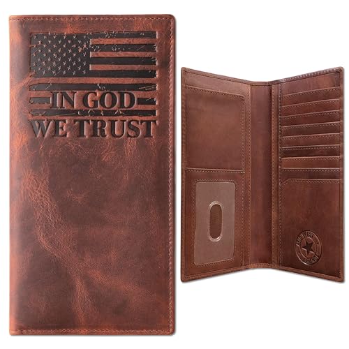 American Flag Long Wallet for Men - Western Wallet for Men with ‘IN GOD WE TRUST’ - Distressed Leather Long Bifold Checkbook Wallet with 9 Card Slots - Patriotic Gift (7 Inches)