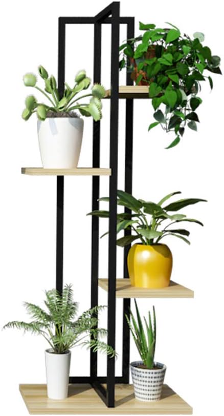 Metal Iron 4-Tier Flower Stands Garden Decor Plant Pot Standing Shelf Wooden Rack Storage Display Black Shelf Home Decor -40×20×100cm(C)