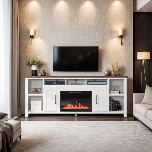Bridgevine Home Modern 85 inch Electric Fireplace TV Stand Entertainment Center, Accommodates TVs up to 95 inches, Minimal Assembly, Knotty Alder Solid Wood, White and Whiskey Finish