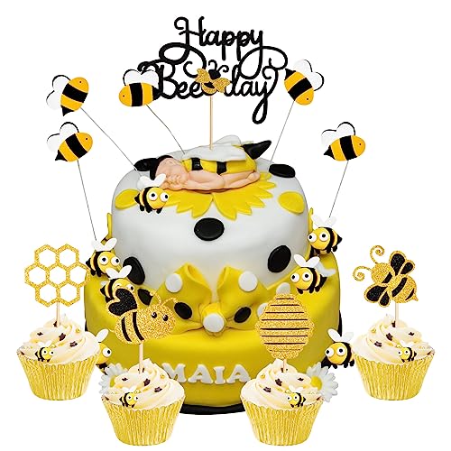 Marspark 57 Pieces Bee Cake Topper Bumble Cake Decorations Bee Cupcake Topper Bee Party Decorations Bee Baby Shower Decorations Bee Happy Birthday Decor For Sunflower Bee Baby Birthday Party Supplies #TOP29