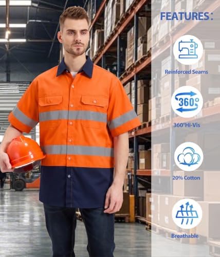 JURFEYANG Hi Vis Safety Shirts for Men Button Up Class 3 High Visibility Reflective Short Sleeve Work Shirts Orange/Blue 3XL - 2
