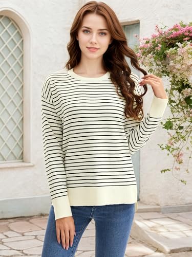 Womens Striped Sweater Side Slits Knit Long Sleeve Crew Neck Oversized Pullover Tops Fall Casual Outfits2