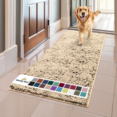 Muddy Mat® Shown on TV – Super Absorbent Microfiber Dog Door Mat for Muddy Paws, Non-Slip Washable Pet Rug, Quick Dry Chenille Entryway Carpet, Machine Washable Indoor Outdoor mat, Beige 59"x24"