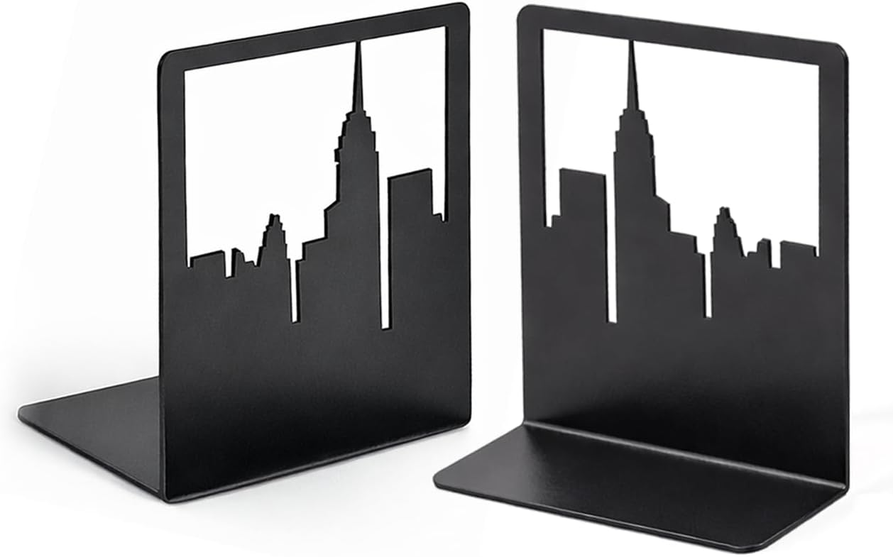 Geomod Decorative New York City NYC Skyline Metal Bookends (Black, 1 Pair) Book Ends for Tables, Desks, Shelves | Bookends to Hold Tall, Hardback Books…