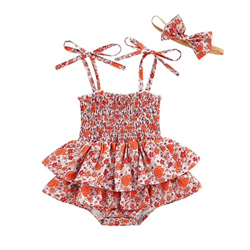 Toddler Baby Girl Dress Sleeveless Straps Princess Dress Floral Boho Tie-up Tutu Dress Summer Holiday Party Dresses (A-Red Romper Dress, 3-6 Months)