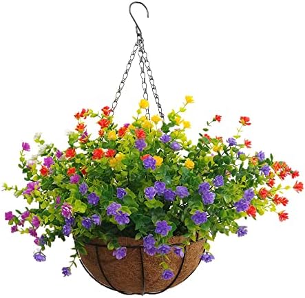 Mynse Flo Set of Hanging Basket with Chain Artificial Green Plant Eucalyptus Flower for Outdoor Balcony Decoration, Colorful (Big Basket and Artificial Flowers) Flo