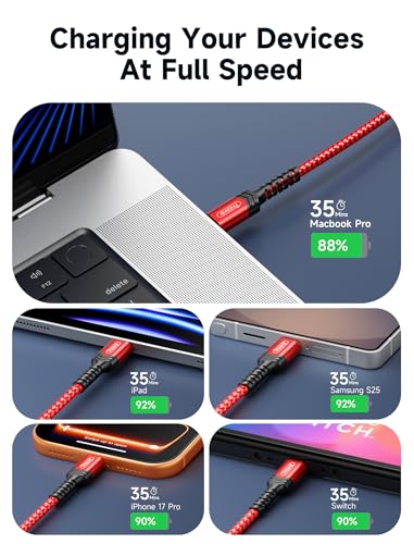 Image of JSAUX 240W USB C to USB C Cable 6.6FT&10FT, Type C Fast Charging Cord, Red