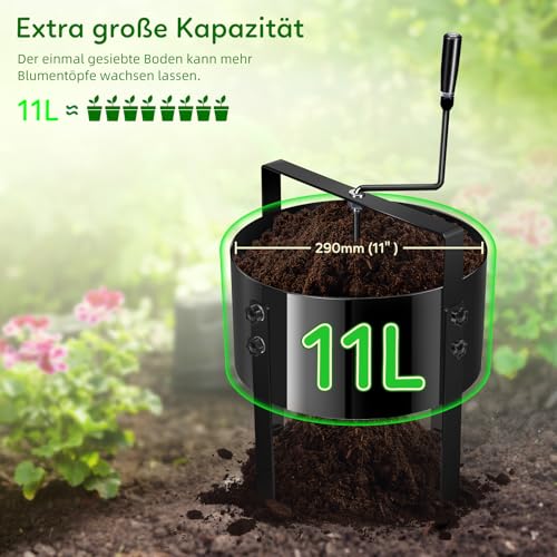 Gifeerory Upgrade 5-in-1 Gartensieb Handkurbelsieb aus Metall Ø30cm mit 4 Sieben (3/6/9/12mm), Effizientes Sieb für Erde, Steine, Sand, Kompost, Unkraut, Austauschbare Siebe für Gartenarbeit