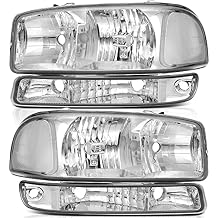Headlight Assembly for GMC Sierra 1500 1999-2006 for GMC Sierra 1500 Classic 2007 for GMC Sierra 2500 1999-2004 Chrome Housing Clear Reflector Clear Lens Driver and Passenger Side Headlamp