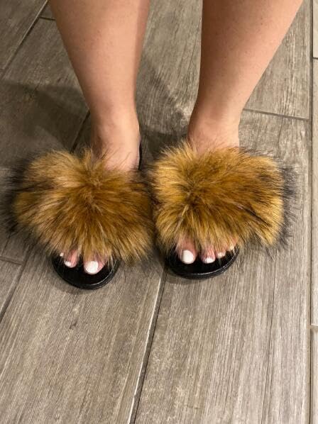 Image of MH Bailment Womens Furry Fluffy Slippers Faux Fur House Slippers Open Toe Fuzzy Slides Soft Flat Slip On Sandals for Indoor Outdoor