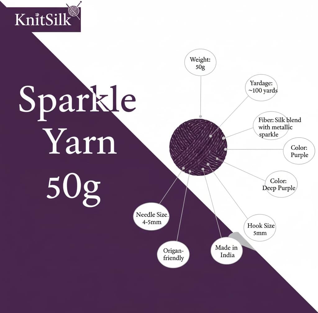 Knitsilk Sparkle Silk Yarn: Silk Shimmer Sparkle & Shine Yarn Iridescent Sparkle Yarn - Pure Mulberry Silk Yarn Knit, Crochet, Weave, Baby Yarns 27Yard 50 GR (Purple) (Pack of 2)