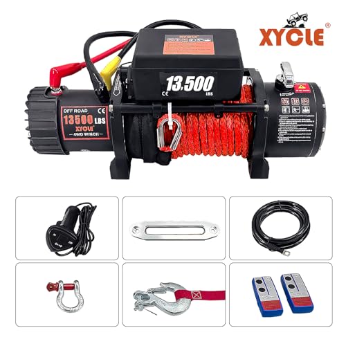 Winch 13500 lbs 12V Waterproof Electric Winch Synthetic Rope Electric Winch Towing Winch Boat Trailer Winch SUV 4-Wheel Drive Off-Road Vehicle with Remote Control 3/8 Synthetic Rope (Dark Red)