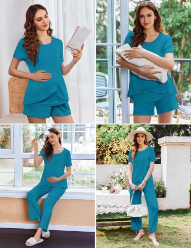 Image of Ekouaer 3 PCS Maternity Nursing Pajamas Set Postpartum Breastfeeding PJS | 3-Piece Set, Including Short Sleeve Shirts, Pregnancy Shorts & Pants, Buttery Soft, Skin-Friendly Feel