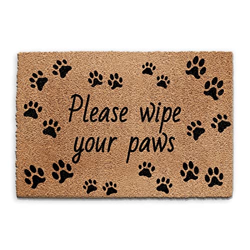 Image of Hairyworm Paw Prints Doormat (40cm x 60cm) Small, Dog Cat Paw Prints, Please Wipe Your Paws Front Door Mat, Coconut Core Fibre Heavy Duty Mat, Rug, Indoor Natural Coir Mat, Regular