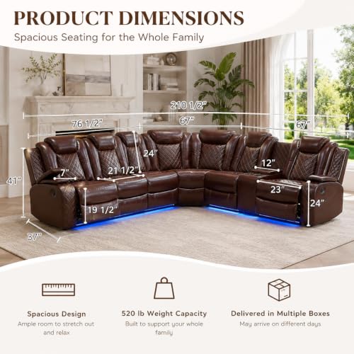 Image of Power Reclining Sectional Sofa for Living Room,Modern L-Shaped Air Leather Sectional Couch Set,Recliner Sofa Set,with LED Lights,Cup Holder,Storage,Charging Ports,Home (Red, Sectional)