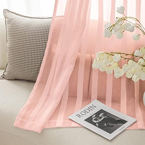 jinchan Striped Sheer Pink Curtains for Bedroom Living Room Window Treatment Drapes Rod Pocket Sheer Curtains for Window 63 Inch Long 2 Panels Curtain Set